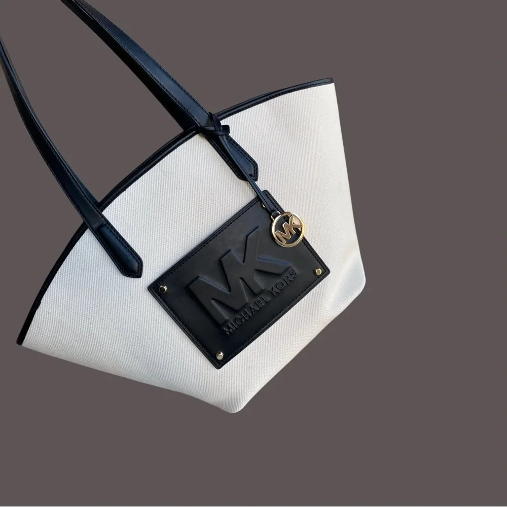 MICHAEL KORS Neutral Cream & Black Large Canvas Leather Kimber Logo Tote Bag
